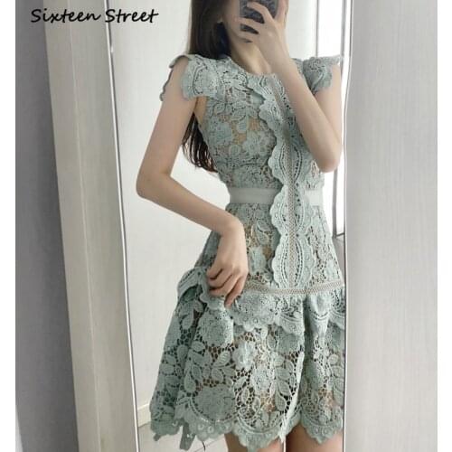 Sleeveless Summer Dress for Woman O-neck High Waist Clothing Woman Dresses Lace Hollow Out Party Mini Dress Female Vestido New