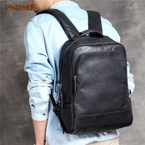 Casual high quality genuine leather mens womens black backpack classic real cowhide travel laptop bagpack luxury daily bookbag