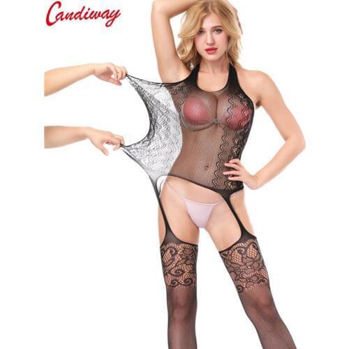 Candiway Sexy Erotic lingerie clothes Black teddy bodystockings Hollow out Costumes Chest halter Netting Intimates open crotch