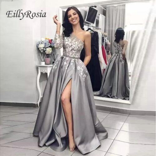 Silver Gray Long Sleeve One Shoulder Prom Dress Satin Appliques Side Split A Line Formal Womens Evening Gown vestidos compridos