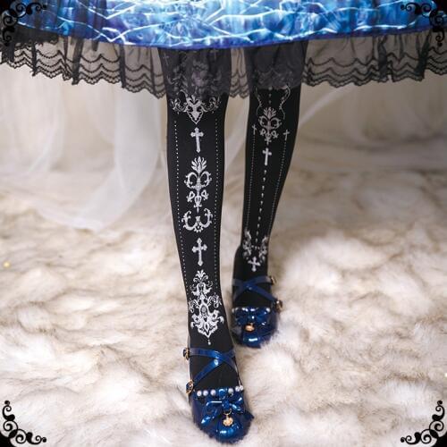 Japanese Sweet Lolita Cross Gold Stamp Stockings Tights Socks Young Girl Student Over Knee Socks Gothic Socks Pantyhose Cosplay