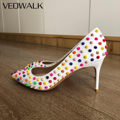 Veowalk Multi-Color Spikes Women Matte White Pointy Toe Stiletto Pumps Sexy Ladies Party High Heel Shoes Plus Size 33 43 44 45