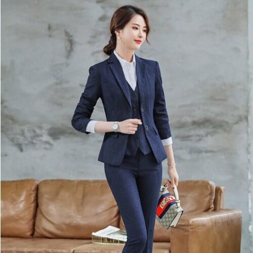 Office Work 3 Pieces Set Women Pant Suits Striped Business Uniform Including Notched Jacket Waistcoat Trousers Plus Size 2021 XL