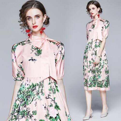 ZUOMAN Women Autumn Vintage Bow Dress Festa High Quality Long Elegant Pink Party Robe Femme Designer Lantern Sleeve Vestidos