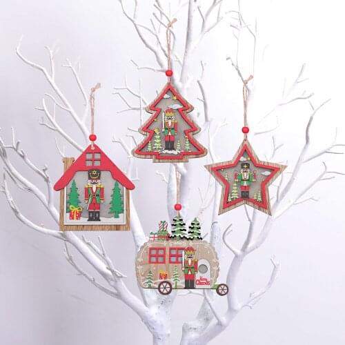 2020 Christmas Luminous Wooden Pendant Walnut Soldier House Car Tree Home Decoration