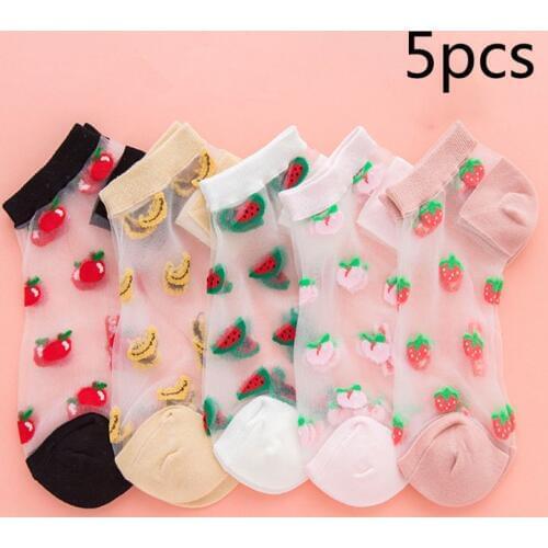 5 Pairs Women Transparent Crystal Fiber Boat Socks Cute Watermelon Fruit Jacquard Summer Ultra-Thin Invisible Hosiery