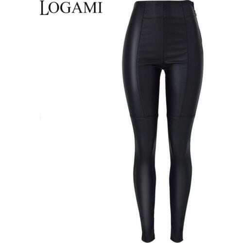 LOGAMI Black Pu Leather Pants Women High Waist Faux Leather Womens Pants Moto&Biker Pencil Trousers
