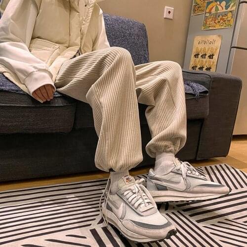 Korean Style Mens Tie Leg Straight Casual Pants Corduroy Solid Color Oversize Trousers Man Streetwear Pant Male Loose Clothing