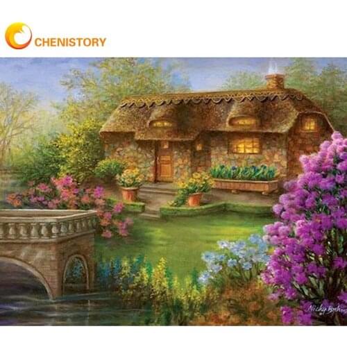 CHENISTORY Flower House Landscape Painting By Numbers 60x75cm Framed On Canvas DIY Oil Picture HandPainted Home Wall Artwork