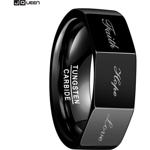 Black Color 8MM Wide Polished Three-sided Lettering Faith Hope Love Tungsten Steel Ring Men Carbide Party Ring