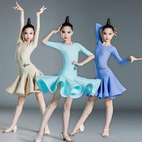 ChildrenS Latin Dance Clothing Girls Professional Latin Competition Dress Round Neck Long-Sleeved Dance Split Skirts DN9761