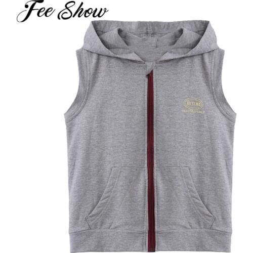 Unisex Kids Boys Girls Cotton Sport Vest Tanks Top Pure Color Hooded Hoodie Sleeveless Front Zipper Closure Vest Tops Sportswear