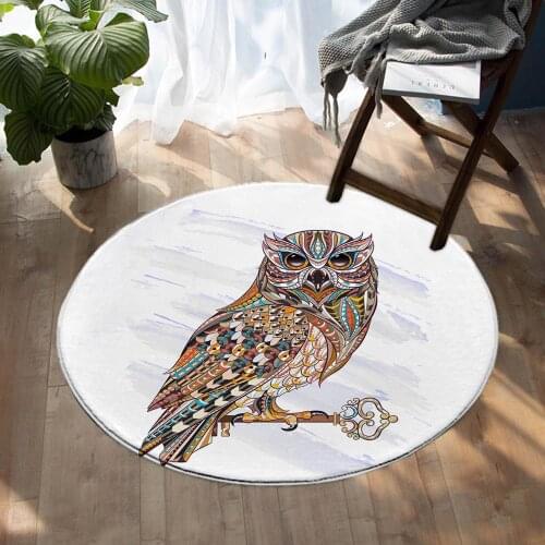 Owl Round Area Rug Kids Play Mat Circle Carpet Wise Cartoon Animal Rugs for Bathroom Living Room White Portable Prayer Mat