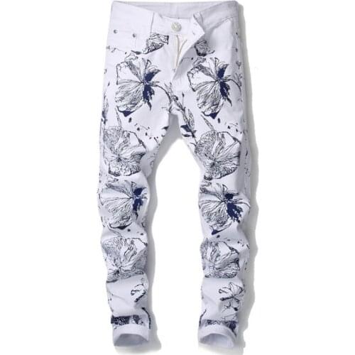 American style digital printing white jeans men biker jeans men trousers male denim pants masculino motorcycle fashion designer