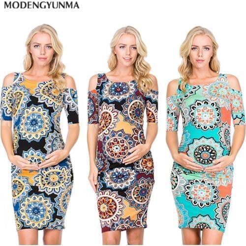 MODENGYUNMA Floral Maternity Clothings Hot Sale Pregnant Women Dress Digital Printing Short-sleeved Slim Fit Maternity Dress