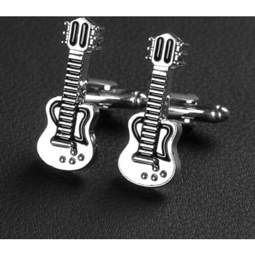 Trendy New Cuff Links Fashion Guitar Musical Bass Instrument Silver Cufflinks For Men French Shirt Cuff Buttons 1 Pair Xmas Gift