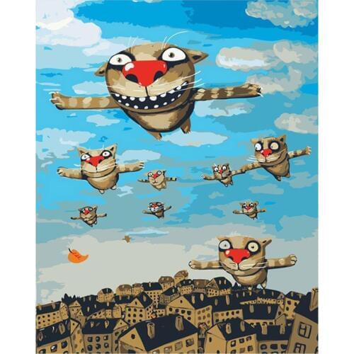 DIY Digital Painting By Numbers Package Flying cat oil painting mural Kits Coloring Wall Art Picture Gift frameless