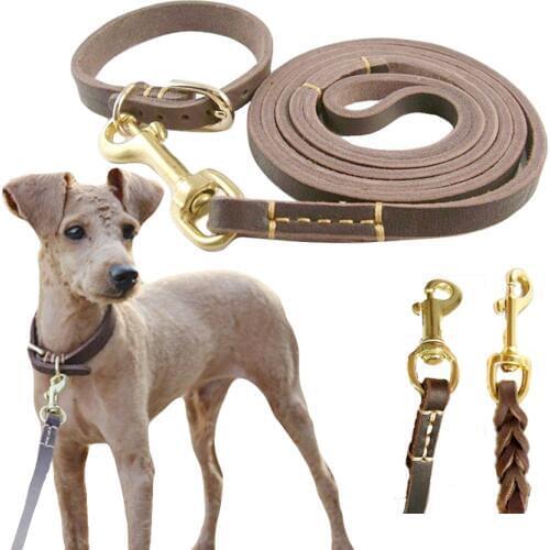 Handmade Braided Leather Dog Collar Leashes Set Small Dog Necklace Walking Chain Sturdy Sewing Lead Pet Accessories