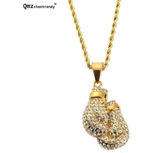 Stainless Steel Nightclub Gold Boxing Gloves Pendants Men Women Bling Hip Hop Rope Necklaces Full Rhinestone Jewelry Gift