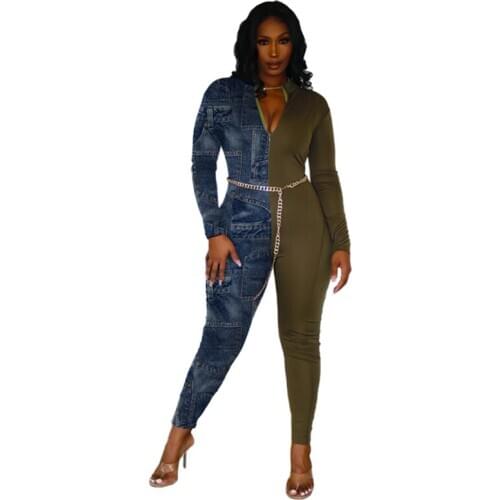 New Arrival Casual Zipper Imitation Denim Stitching Jumpsuit