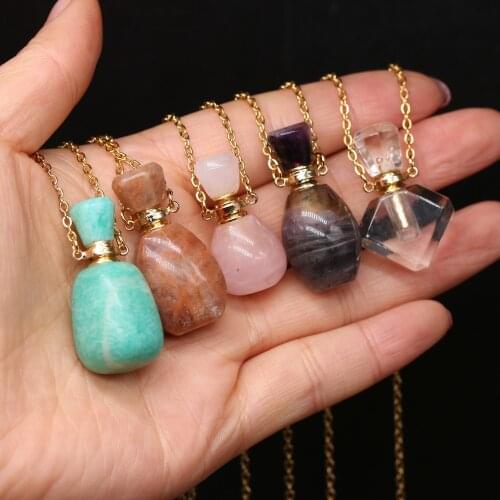 Natural Stone Perfume Bottle Necklace Pink Quartz Pendant Essential Oil Diffuser Vial Charms for Women Necklaces Jewelry Gift