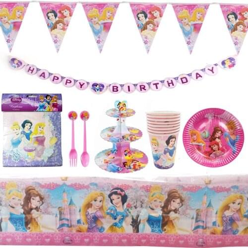 Princess Theme Baby Shower Disposable Tableware Girl Birthday Party Decoration Plates Cups Banner tablecloth Kids Dinner Set
