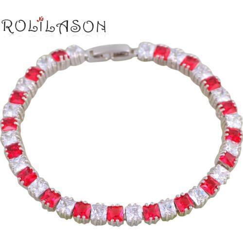 ROLILASON Trendy Romantic Rose red Crystal Silver Bracelets for Women Party Pretty Gift Fashion Jewelry TBS1101
