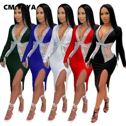 CM.YAYA Autumn Vintage Mesh Sequins Patchwork Women Midi Dress Sexy Party Club Deep V-neck Long Sleeve Side Split Pencil Dresses