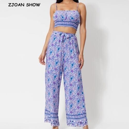 BOHO Crop Top Elastic Hem Floral Print Bra Tank Top Purple Sexy Women Tie Bow Sashes Wide Leg Pants Ruched Camis 2 Pieces Set