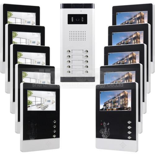 DIYSECUR 10 x 4.3 inch Monitor 4-Wired Apartment Video Door Phone Audio Visual Intercom Entry System IR Camera for 10 Families
