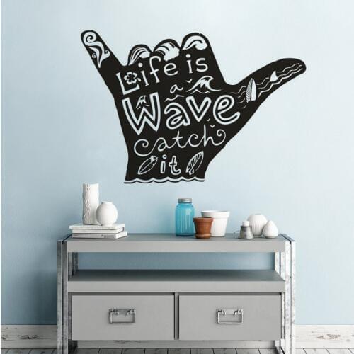 Waves Hand Vinyl Wall Art Decal Shaka Surfing Sports Wall Poster Surfering Wave Quote Vinyl Stickers Surfer Hand Mural AZ119
