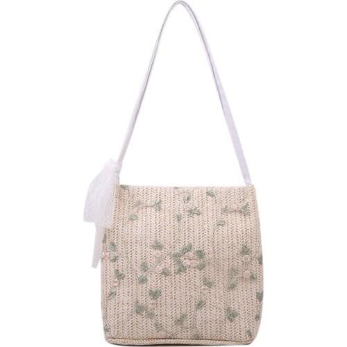 Women Chinese Style Straw Woven Bag Flowers Embroidery Lace Shoulder Bag Ladies Hand Bags