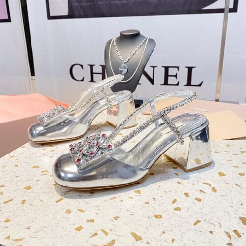 Silver white black womens sandals 2021 new coarse-heeled water drill bag back empty sandals