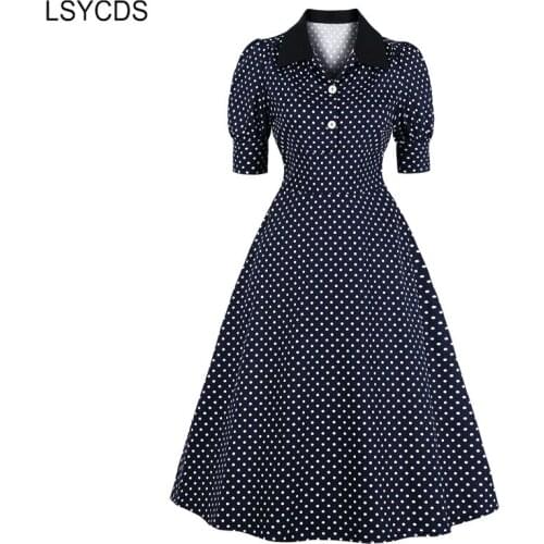 LSYCDS Women Elegant High Waist Cotton Pinup Midi Dresses Autumn Puff Sleeve Button Up Polka Dot Vintage Style Party Long Dress