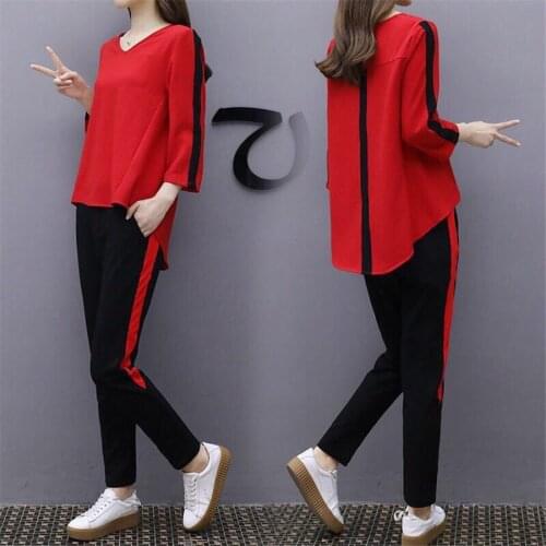 Plus Size Large Outfit Tracksuit Sportswear Co-ord Set For Women 2 piece set 2021 winter Top And Pants suit Striped red Clothing