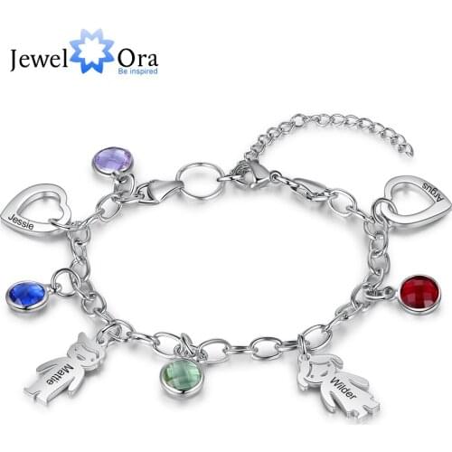 JewelOra Personalized Engraved Name Boy Girl Heart Charm Bracelets for Women Custom 4 Birthstone Stainless Steel Chain Bracelet