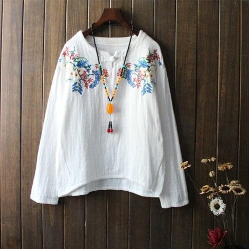 Ethnic Loose Autumn Blusas Tops Femme Vintage Embroidery Floral Shirts Blouses For Women Long Sleeve White Cotton Linen Clothes