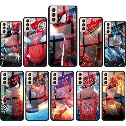 Spiderman Marvel for Samsung Galaxy S21 Ultra Plus A72 A52 4G 5G M51 M31 M21 Luxury Tempered Glass Phone Case Cover