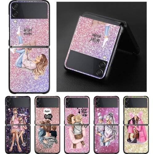 Black Phone Case For Samsung Galaxy Z Flip3 5G Z Flip Hard PC Cover Smartphone Shining Gold Baby Mom Girl