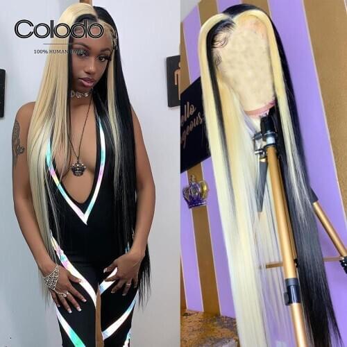 COLODO 613 Lace Front Wig Pre Plucked Half Red Half Blonde Highlight Wig Remy Straight Lace Front Human Hair Wigs for Women