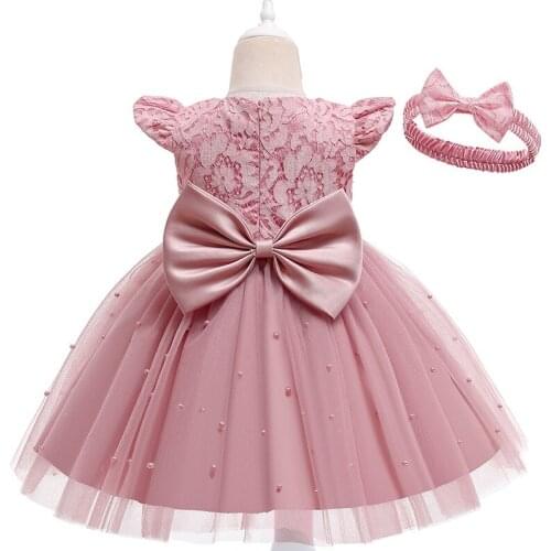 Kids Pink Cute Dress For Girls Big Bow Floral Clothes Wedding Party Embriodery Clothing Princess Dress Children Prom Ball Gown