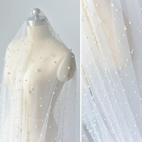 1Meter Off White Pearls Net Tulle Mesh Lace Fabric 150cm Wedding Veil Lace Beaded Trim Luxury Gowns Laced Fabrics 300cm