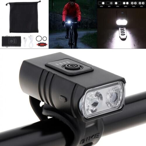 Waterproof 1000LM 2 LED Bicycle USB Rechargeable Mountain Bike Headlight with 6 Lighting Modes and Power Display and Taillight