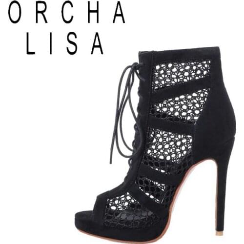 ORCHA LISA 2021 Summer Sandals Women mesh Peep Toe 12cm High Thin Heel lace-up Sexy Flock Stylish Concise Big Size 33-50