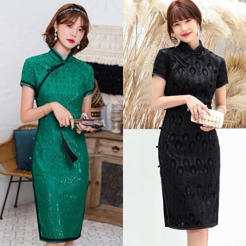 Cheongsam Chinese Traditional Women Dress Qipao Solid Color Sexy Lace Short Dresses Vintage Elegant Slim Evening Party Summer