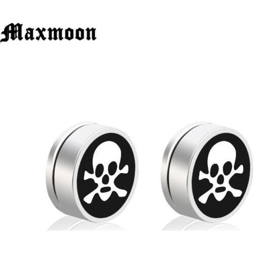 Maxmoon Black Magnet Circle Round Stud Earring Stainless Steel Magnetic Earring Fake Plugs No Piercing Unisex Jewelry