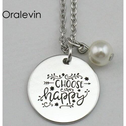 Fashion Simple CHOOSE HAPPY Inspirational Hand Stamped Engraved Custom Pendant Necklace for Women Jewelry,10Pcs/Lot, #LN2186