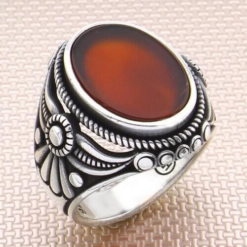 Straight Oval Red Agate Stone Men Silver Ring With Made in Turkey Solid 925 Sterling Silver