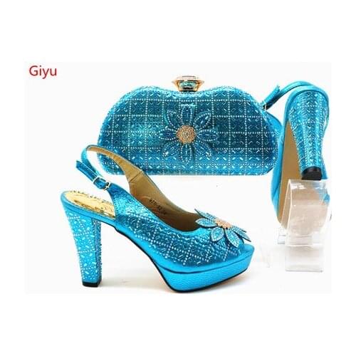 Italian sky blue Shoes and Bags To Match Shoes with Bag Set Decorated with Rhinestone Nigerian Women Wedding Shoes set! SSN1-8