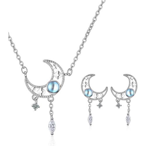 925 Sterling Silver Jewelry Set Moon Stud Earrings For Women Wedding Necklaces Crystal Fashion Elegant Party Girl Gift